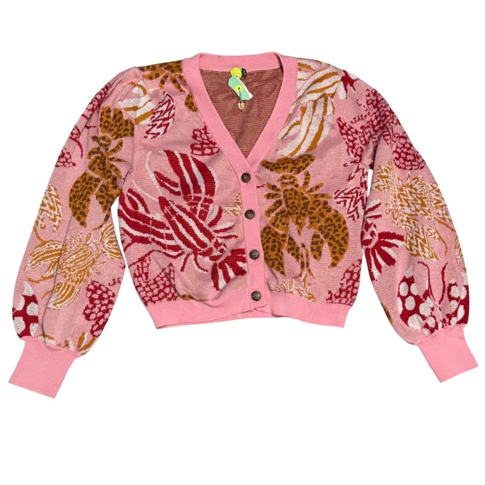 FARM Rio Cardigan Womens L Pink NWT Lobster Leopard Tropical Puff Sleeve Cropped